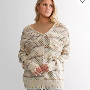 BKE Cream and Tan V-Neck Sweater